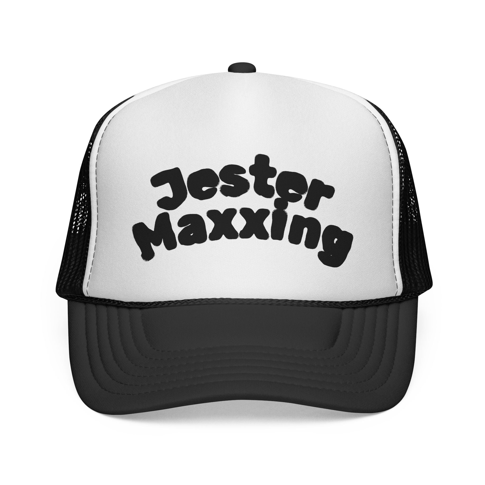 Jester Maxxing Trucker Cap — Retro Bubble Text Mesh Hat