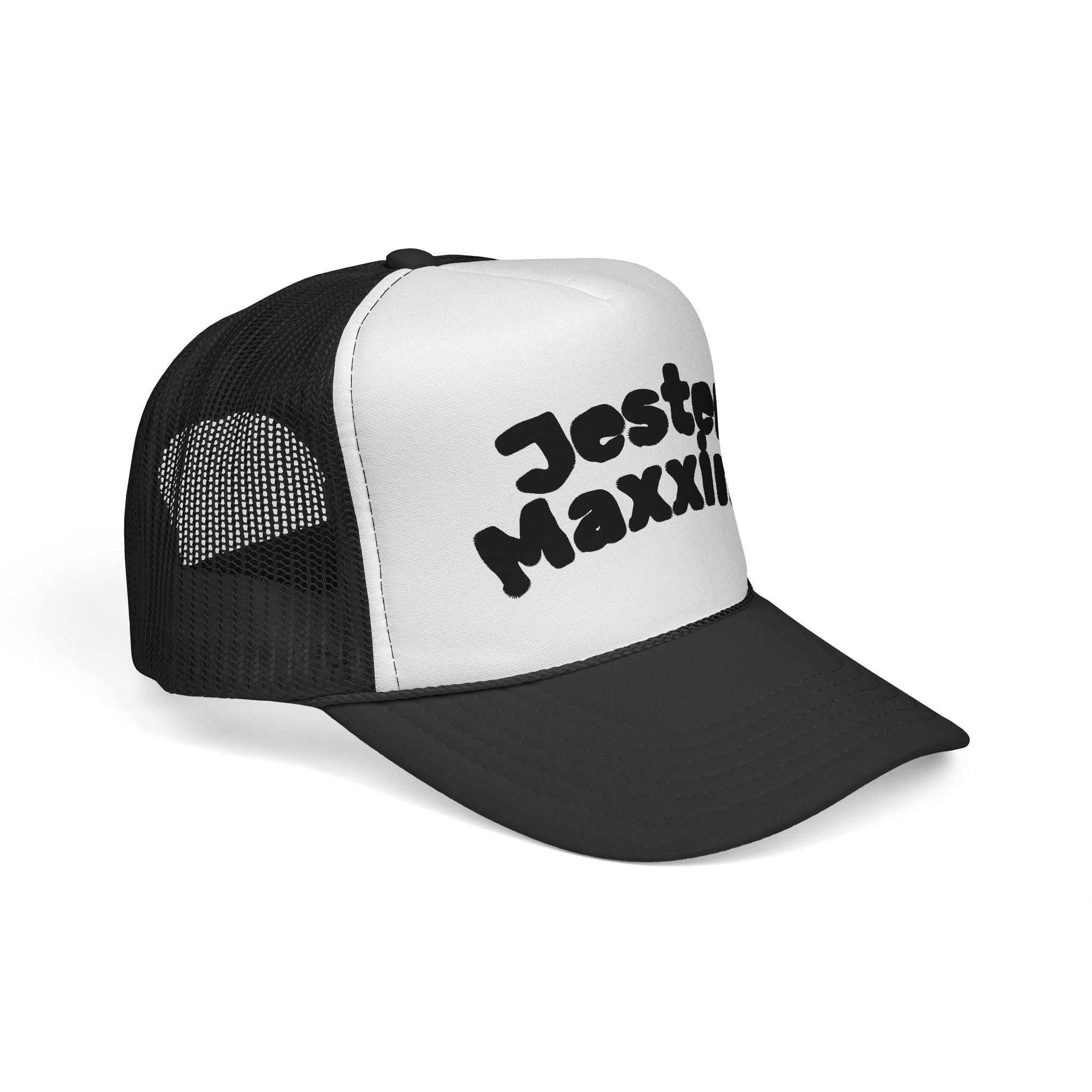 Jester Maxxing Trucker Cap — Retro Bubble Text Mesh Hat