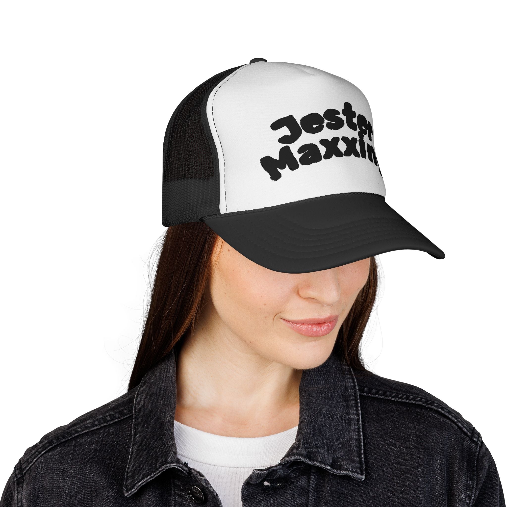 Jester Maxxing Trucker Cap — Retro Bubble Text Mesh Hat